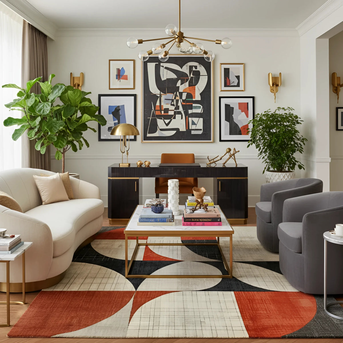 Modern living room with a geometric rug, sofa, coffee table, and decorative wall art.