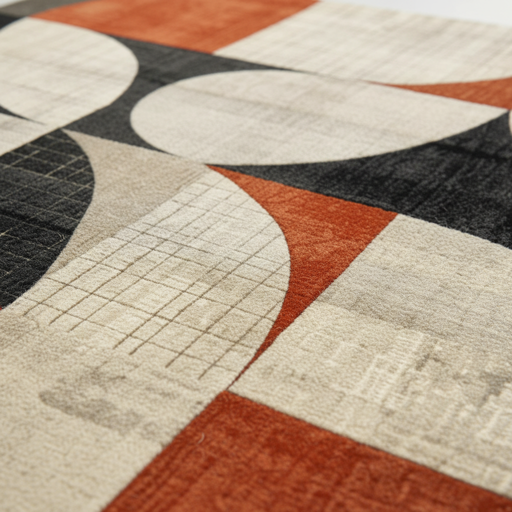 Close-up of a geometric patterned rug with earthy tones.