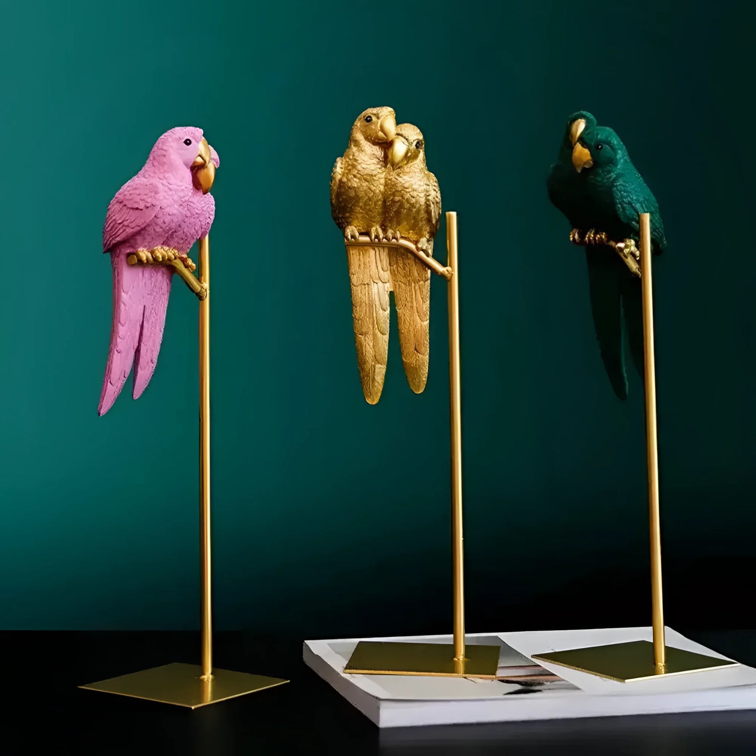 Decorative Parrots on Gold Stand