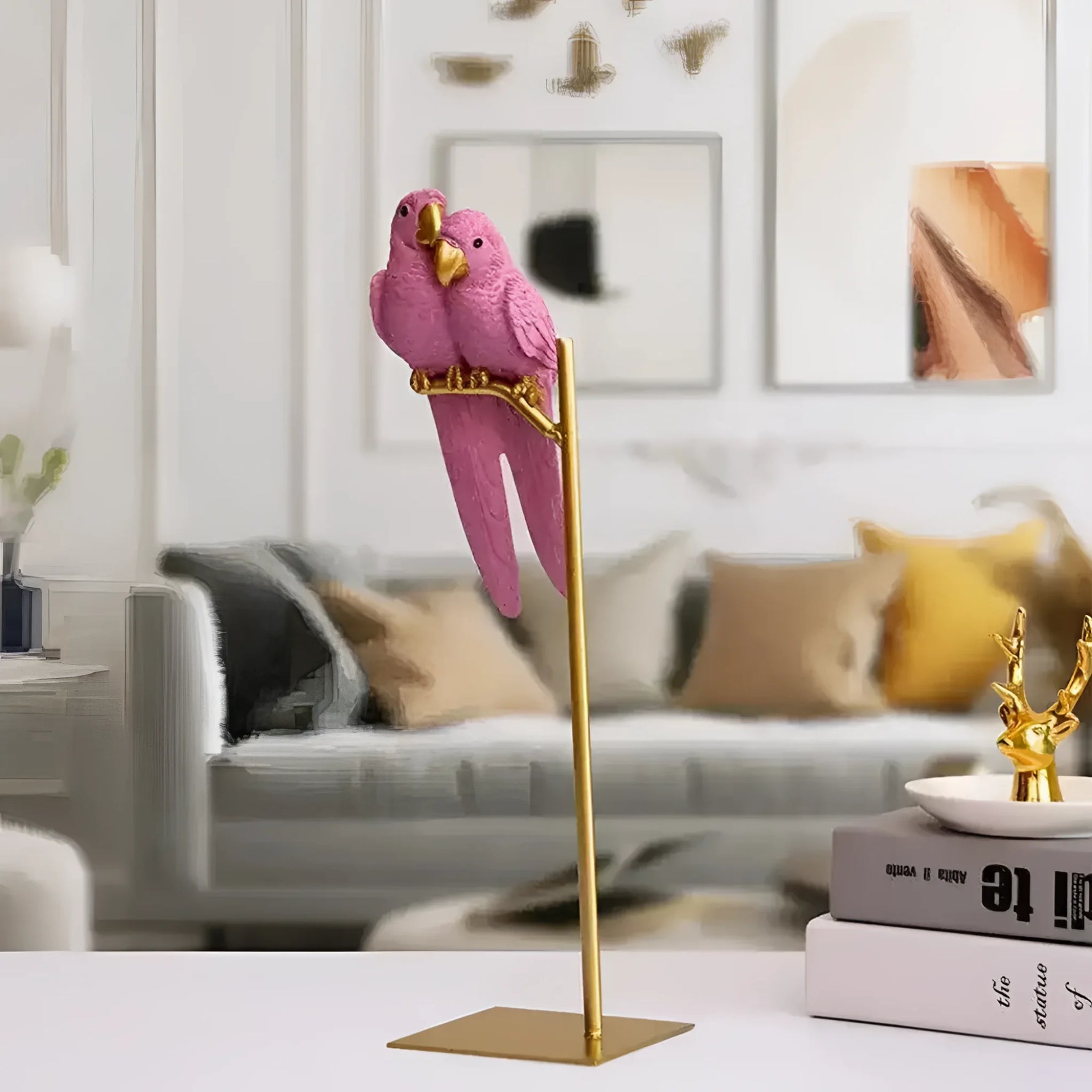 Decorative Parrots on Gold Stand Pink