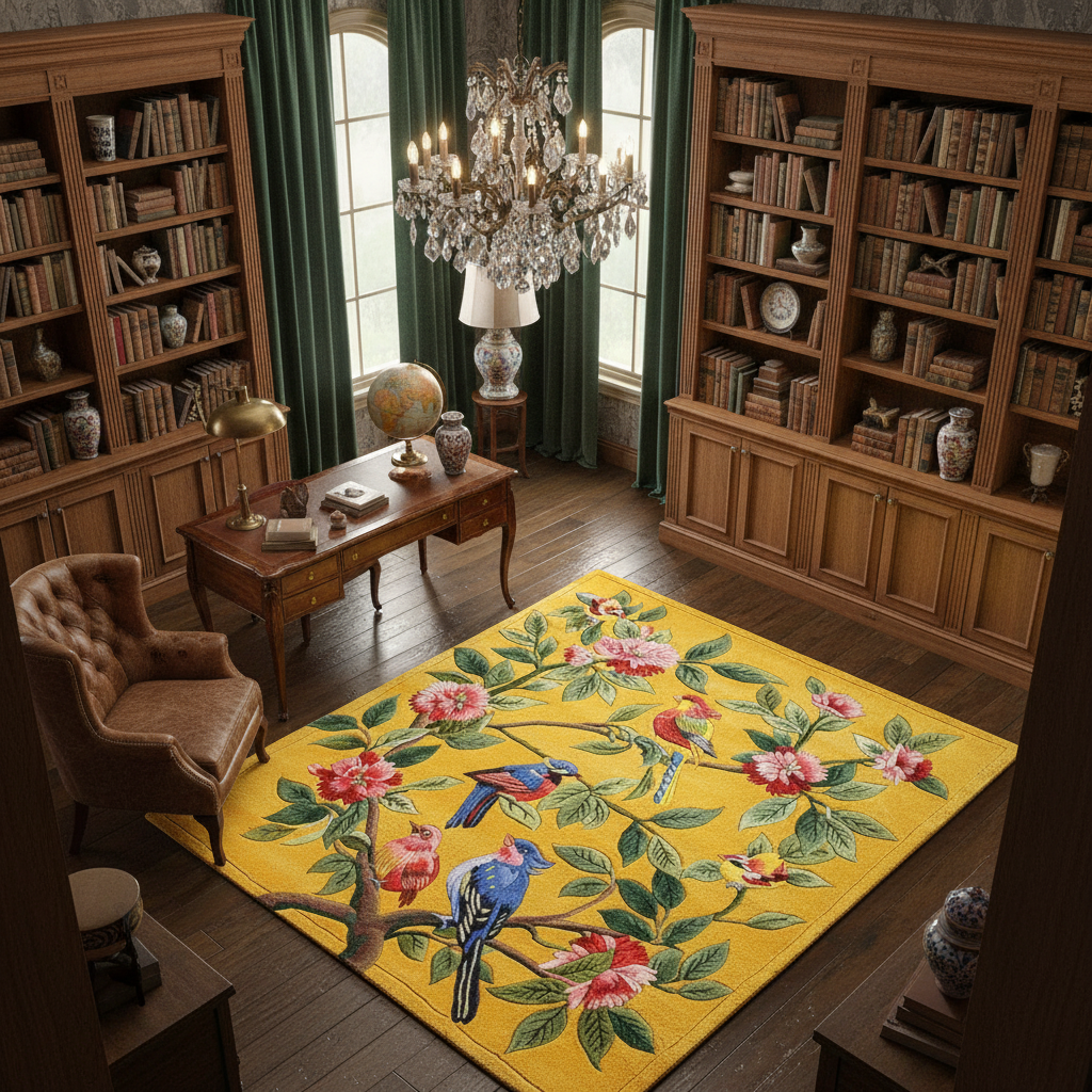 Decorative rug with floral and bird pattern in a room with bookshelves and a chandelier.