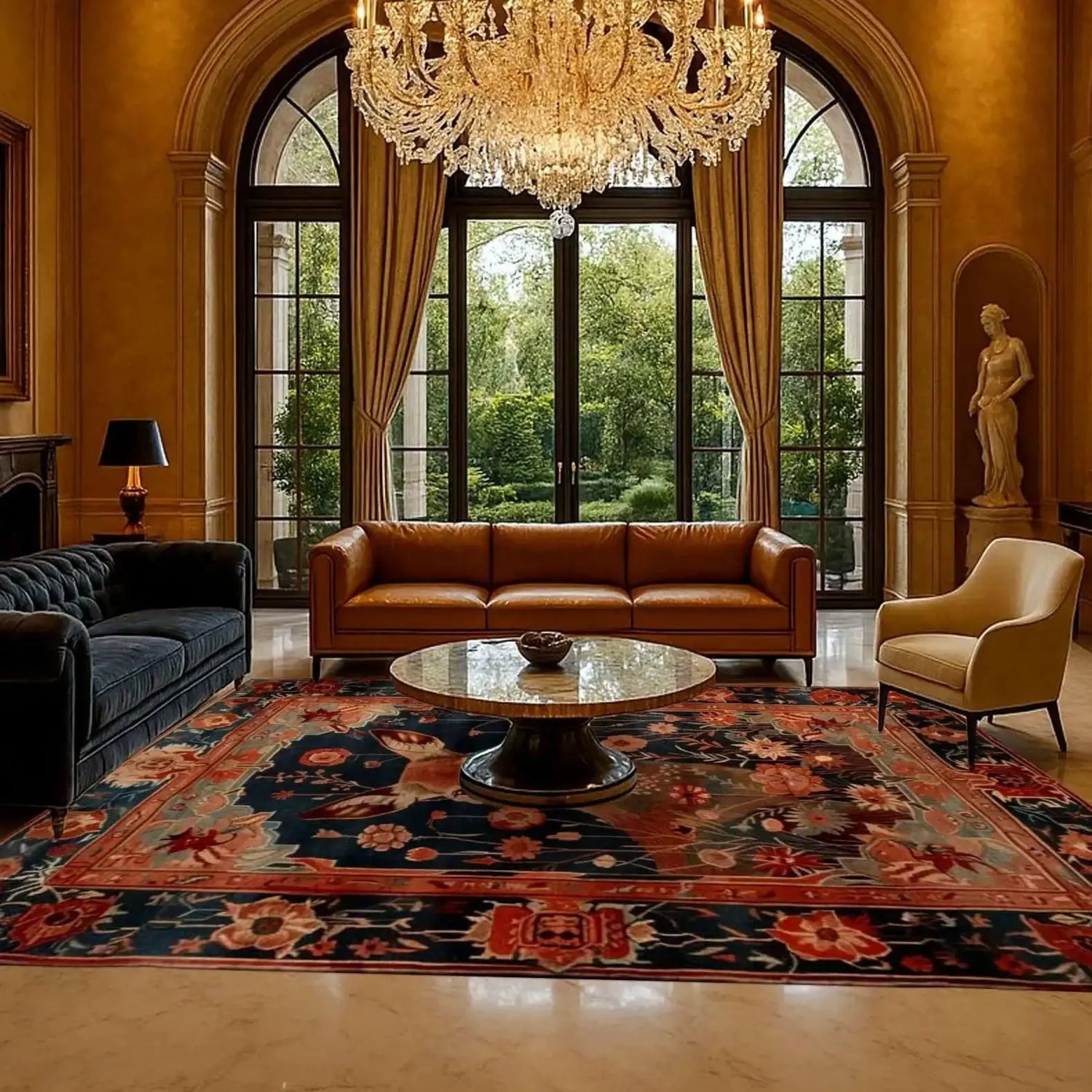 Luxurious living room featuring a Deer in the Meadow Hand Knotted Area Rug, showcasing intricate Persian rug designs with floral patterns. The vibrant colors of the rug beautifully complement the elegant setting, making it an ideal choice for rugs for living room decor.