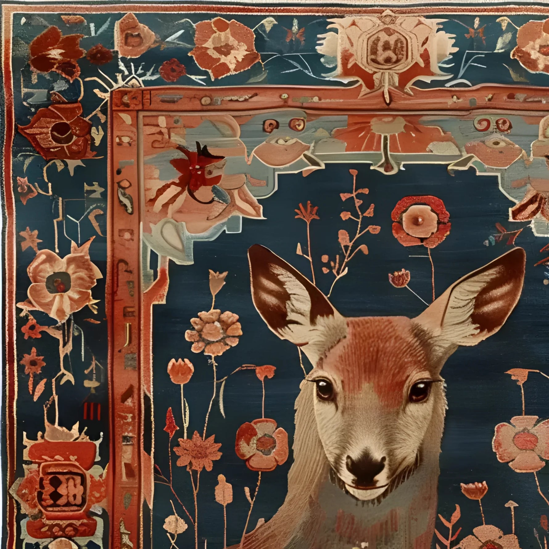 Close-up image of the 'Deer in the Meadow' hand-knotted area rug, showcasing an intricate design with a detailed deer surrounded by vibrant floral patterns. Perfect for adding a touch of nature-inspired elegance to rugs for living room or as a Persian rug centerpiece.
