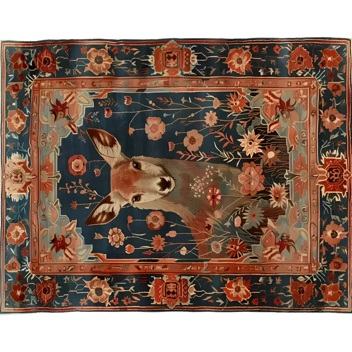 Charming Deer in the Meadow Hand Knotted Area Rug featuring a detailed depiction of a deer surrounded by colorful floral patterns, perfect for enhancing your living room decor. This exquisite design echoes traditional Persian rugs, making it an ideal choice for those seeking elegance and warmth.