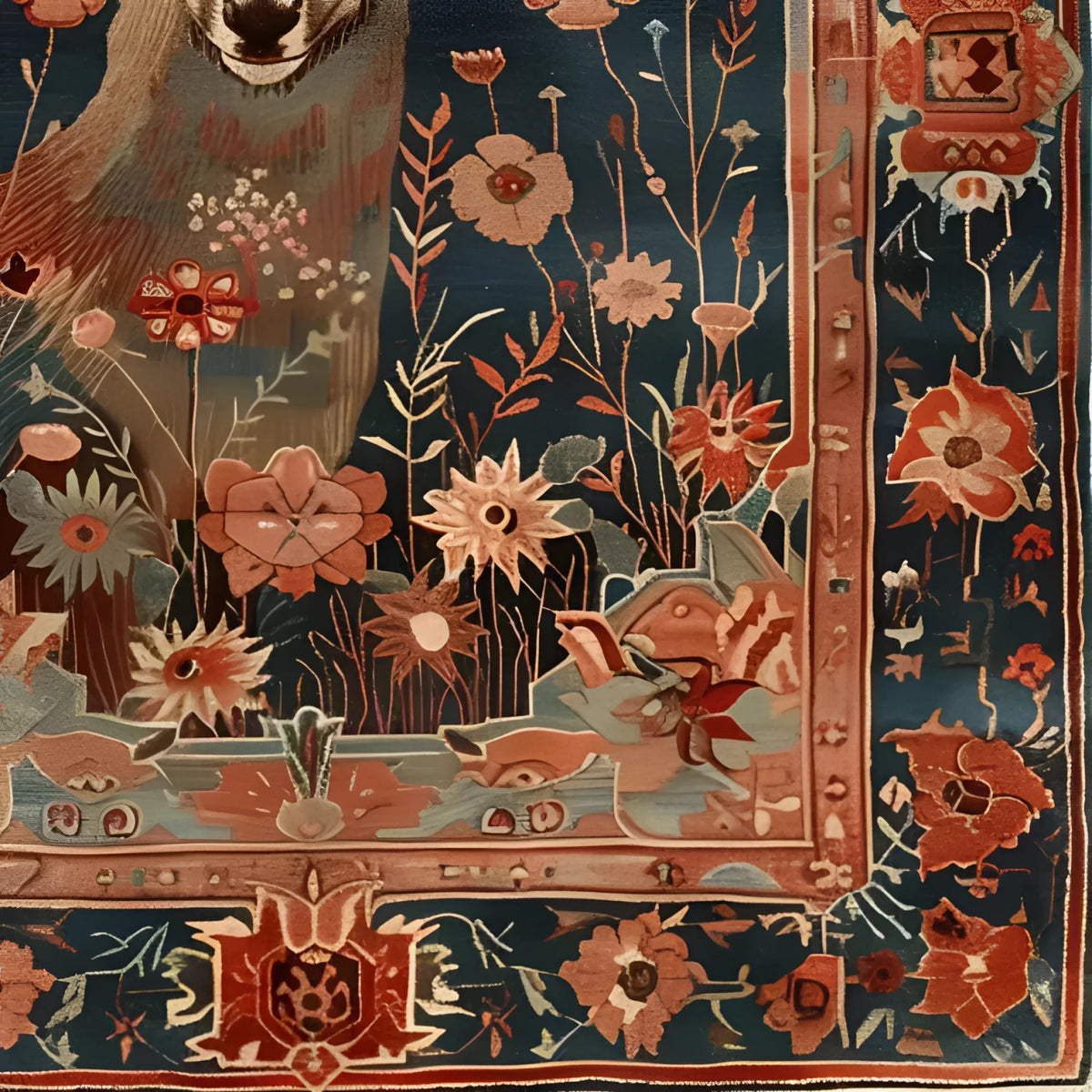 A detailed close-up of the Deer in the Meadow Hand Knotted Area Rug, featuring intricate floral patterns and a deer motif, perfect for adding a touch of elegance to any living room. This exquisite Persian rug design showcases vibrant colors and skilled craftsmanship, ideal for those seeking luxurious rugs for living room decor.