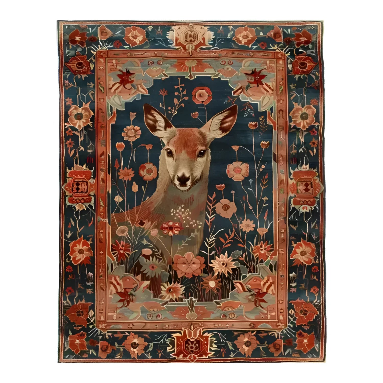 Hand knotted area rug featuring an intricate design of a deer surrounded by vibrant floral patterns in a meadow setting. The rich colors and detailed artwork create a stunning focal point for any room.
