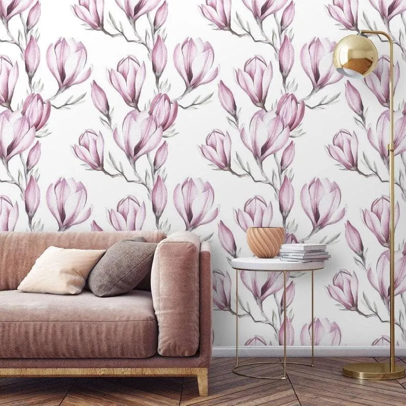 Delicate Pink Floral Watercolor White Wallpaper