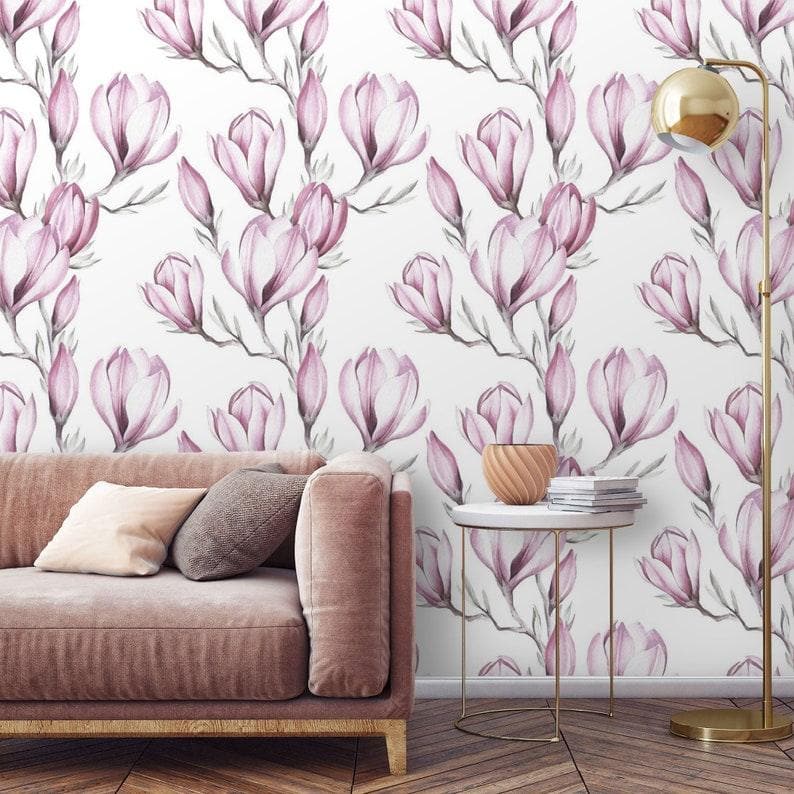 Delicate Pink Floral Watercolor White Wallpaper - MAIA HOMES