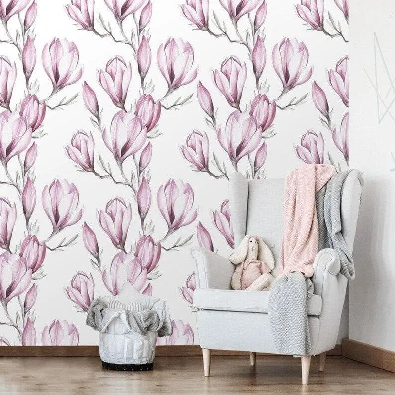 Delicate Pink Floral Watercolor White Wallpaper