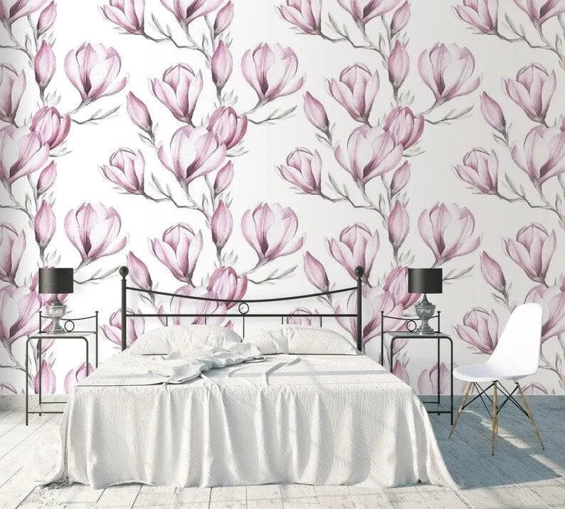 Delicate Pink Floral Watercolor White Wallpaper