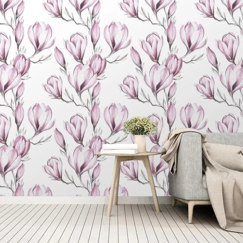 Delicate Pink Floral Watercolor White Wallpaper