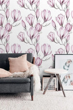 Delicate Pink Floral Watercolor White Wallpaper