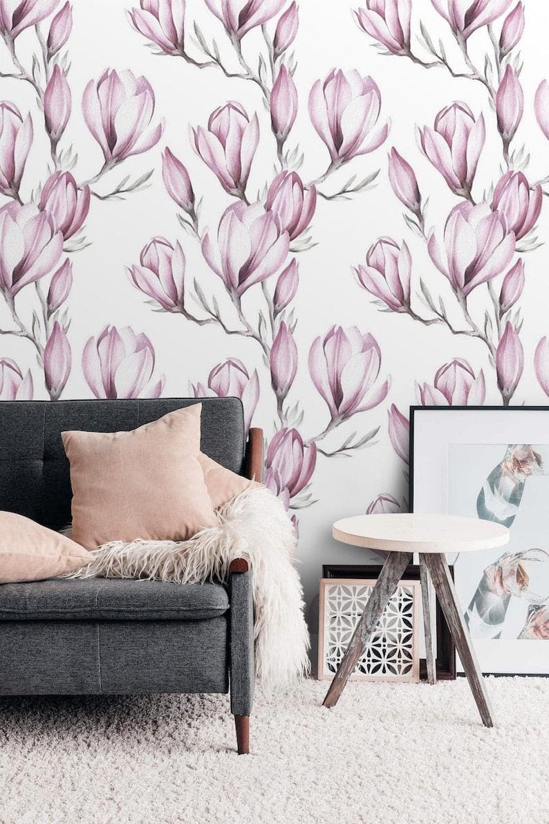 Delicate Pink Floral Watercolor White Wallpaper - MAIA HOMES