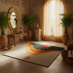 Decorative room with a colorful rug, plants, and wall art.