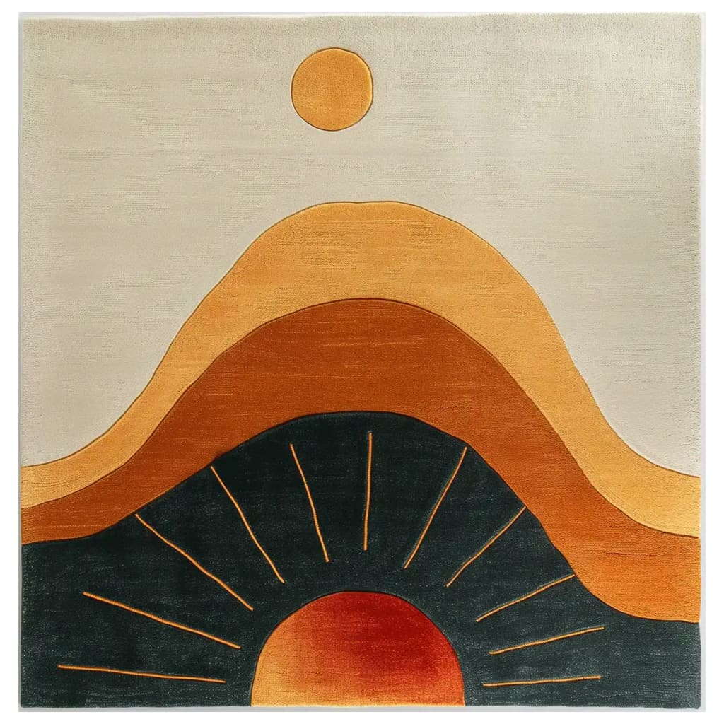 Top view of the Desert Dawn Hand Tufted Wool Rug featuring a stunning abstract design with warm earth tones. The area rug displays a sun motif rising over layered hills in shades of beige, terracotta, and black, creating a serene and artistic statement piece for any room.