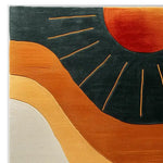 A stylish area rug with an abstract design featuring warm desert tones in a hand-tufted wool pattern. Perfect for large living room spaces, this living room area rug combines deep blacks, burnt oranges, and soft creams to create a striking visual impact.