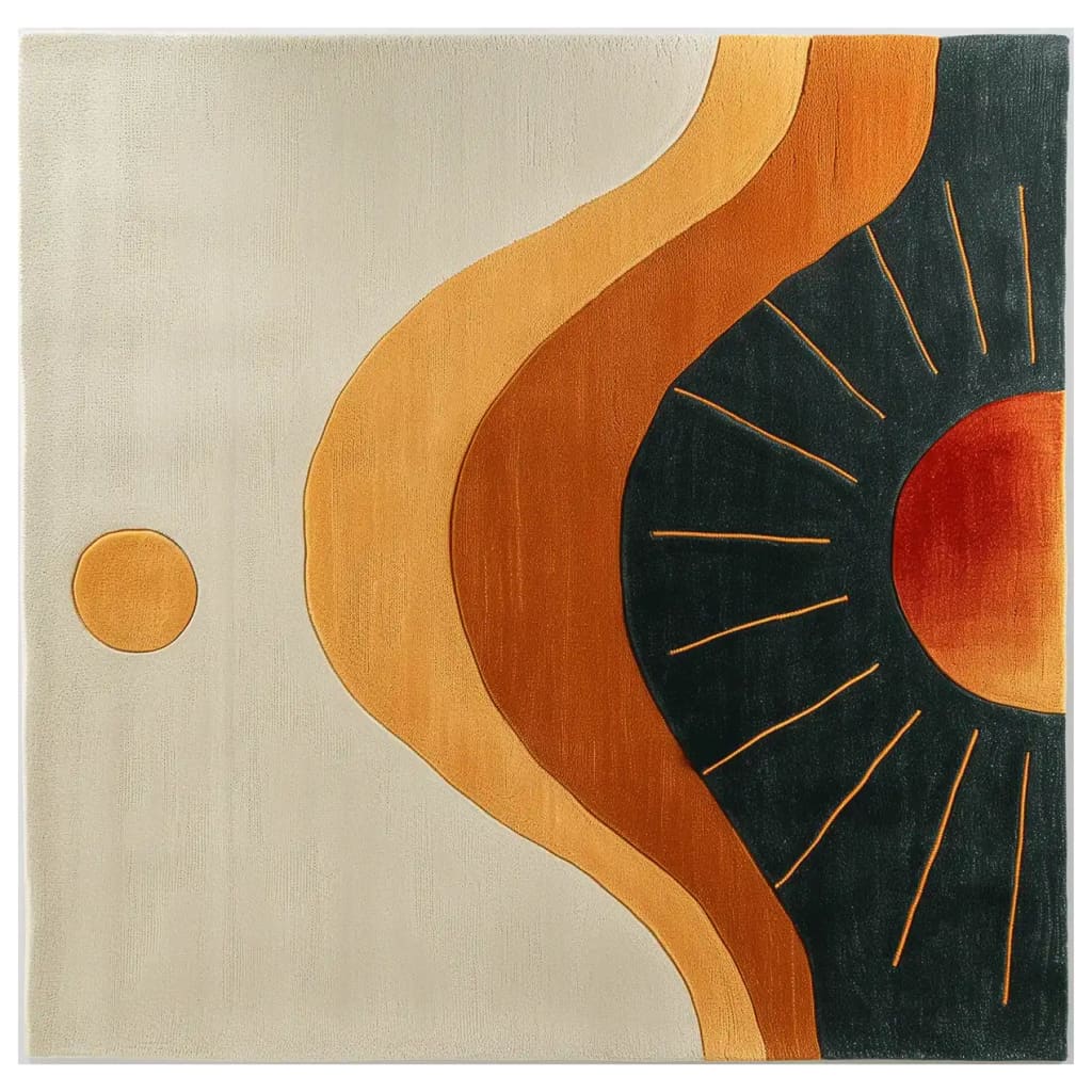 A vibrant area rug featuring an abstract design with warm earth tones. The Desert Dawn Hand Tufted Wool Rug showcases a sunburst pattern with shades of orange and black, creating a striking contrast against a beige background. Perfect for adding a touch of modern art to any room.