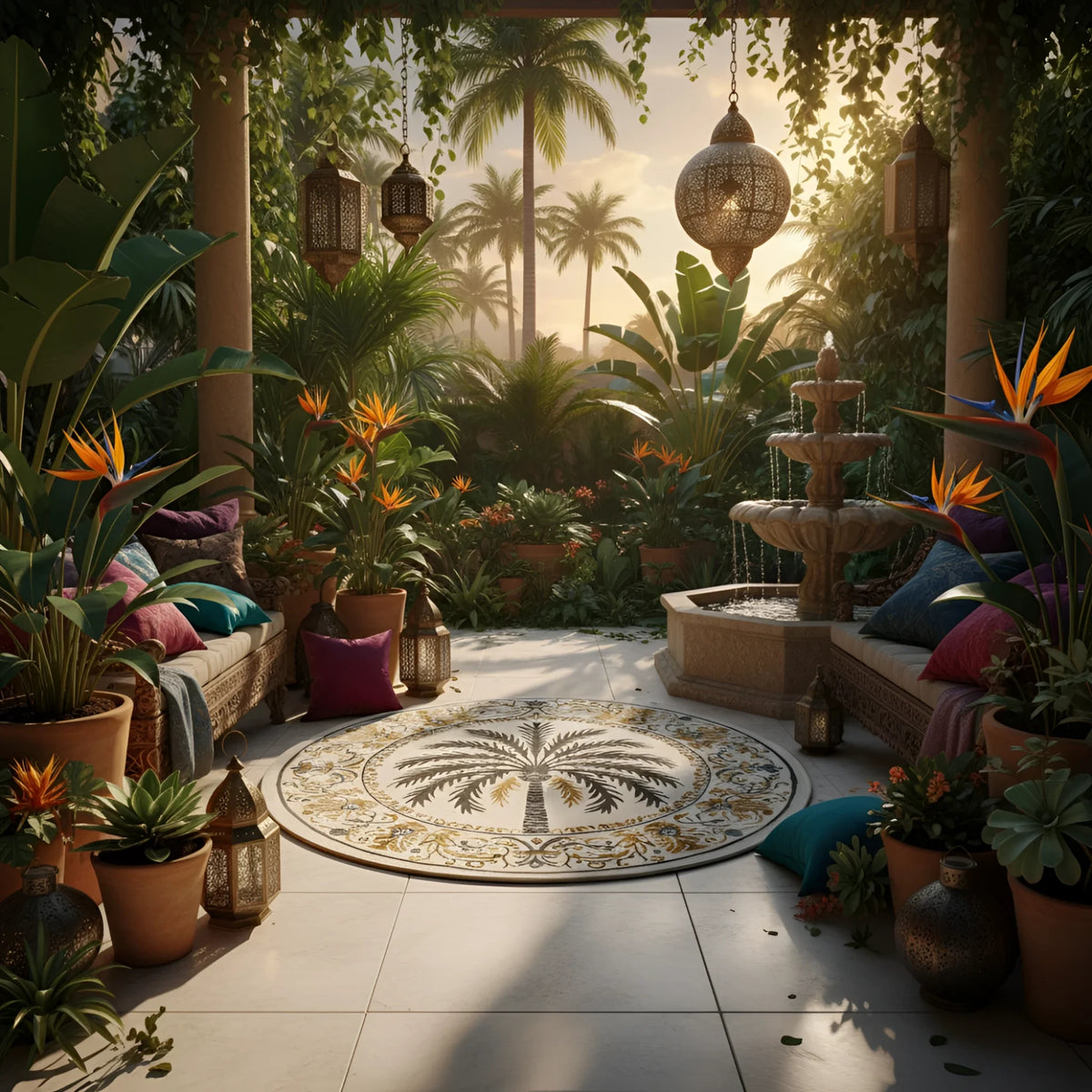 Tropical outdoor patio with a fountain, plants, a palm tree inspired wool rug, and colorful cushions.