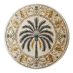 A beautifully designed Desert Paradise Hand Tufted Round Rug featuring a central palm tree motif surrounded by intricate floral patterns. This wool area rug is perfect for large living rooms, adding a touch of elegance and warmth. Ideal for those seeking large area rugs or round rugs to enhance their living room decor.