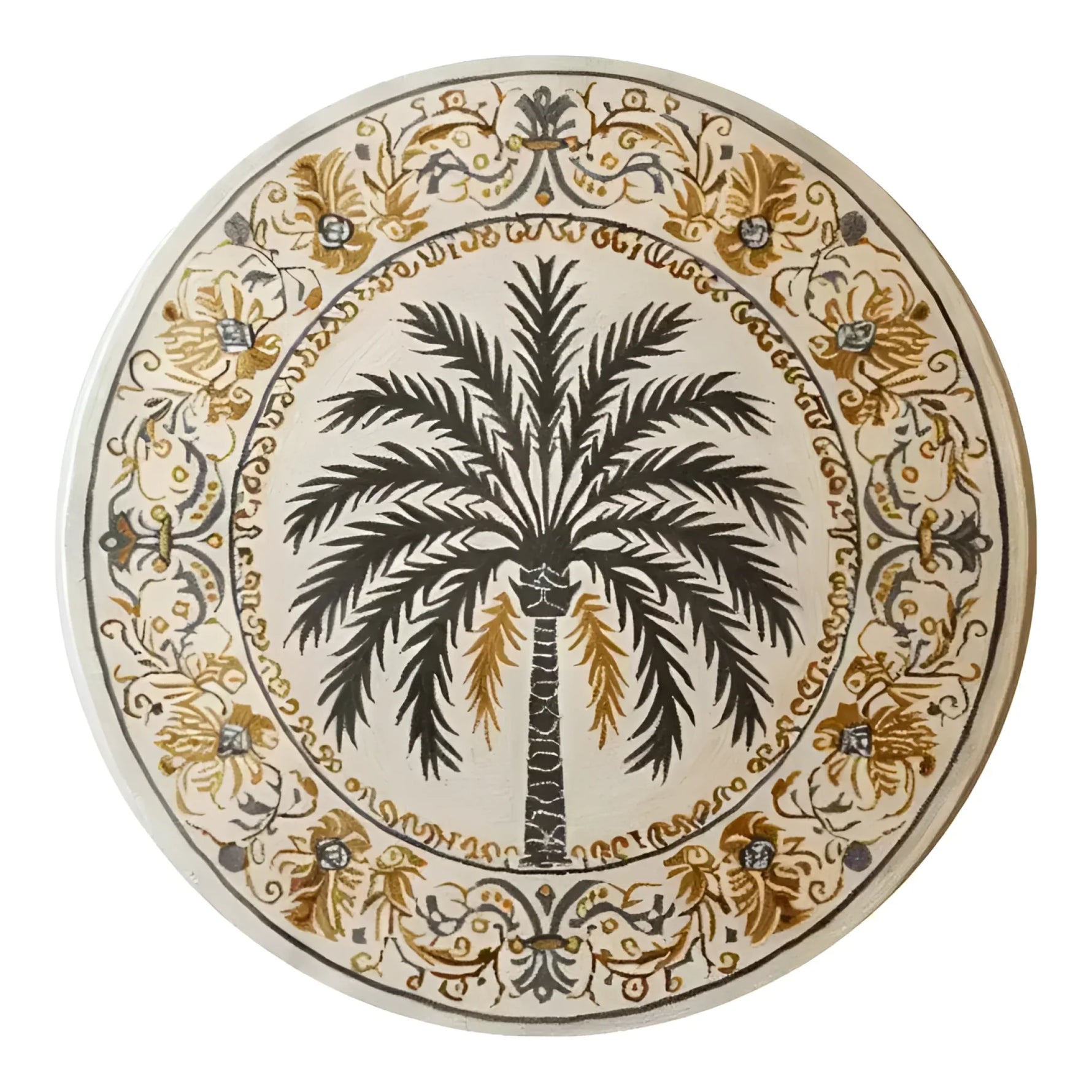 A beautifully designed Desert Paradise Hand Tufted Round Rug featuring a central palm tree motif surrounded by intricate floral patterns. This wool area rug is perfect for large living rooms, adding a touch of elegance and warmth. Ideal for those seeking large area rugs or round rugs to enhance their living room decor.
