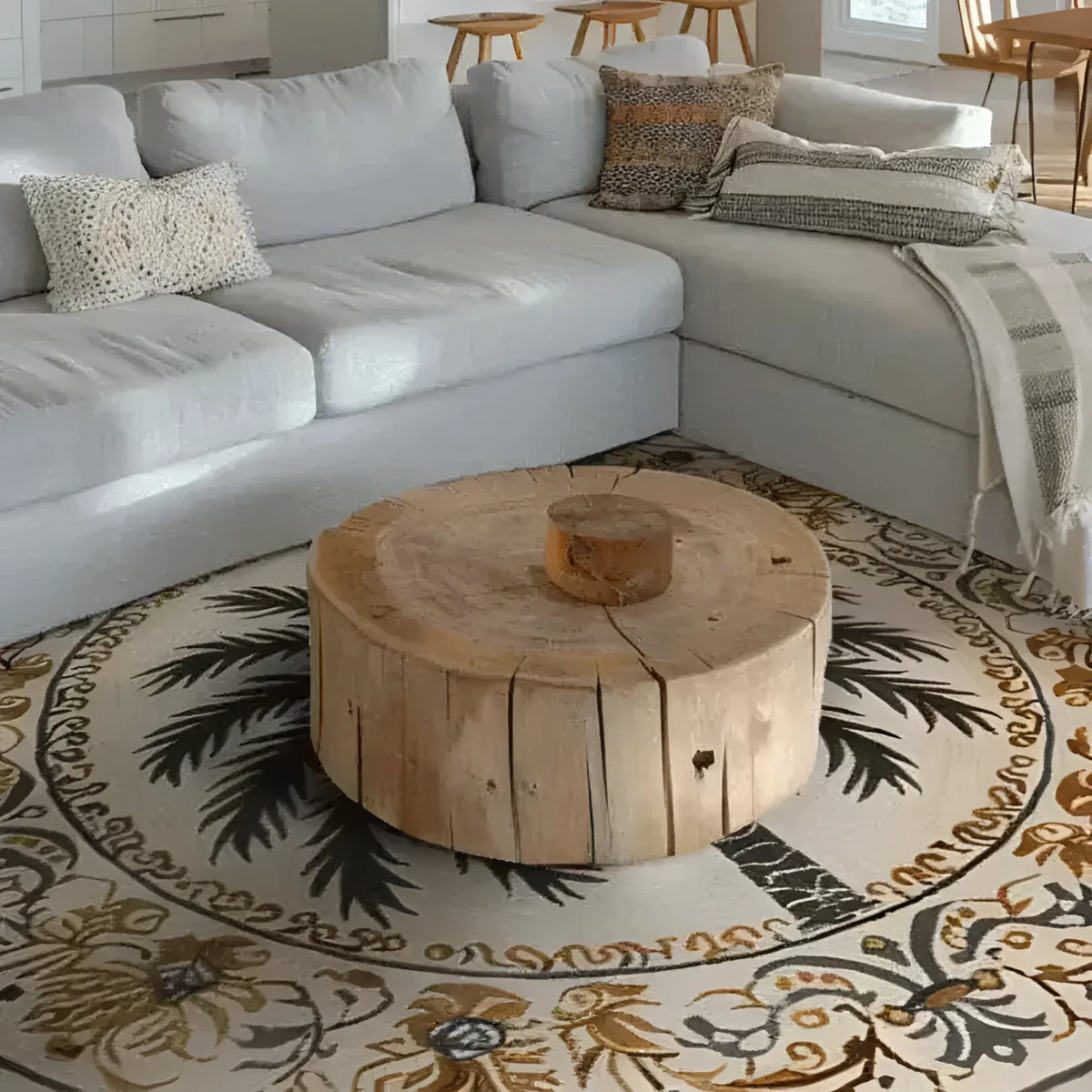 A beautiful Desert Paradise Hand Tufted Round Rug placed in a large living room setting. This wool rug features intricate palm tree and floral designs, bringing a touch of elegance and warmth to the space. Perfect for those seeking large area rugs for living room decor.