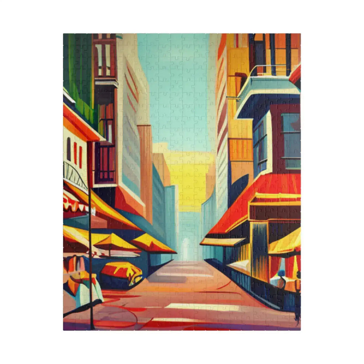 Detailed vertical Urban Vibes puzzle, colorful skyscrapers and market stalls in warm light