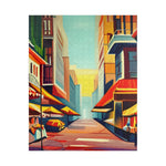 Detailed vertical Urban Vibes puzzle, colorful skyscrapers and market stalls in warm light