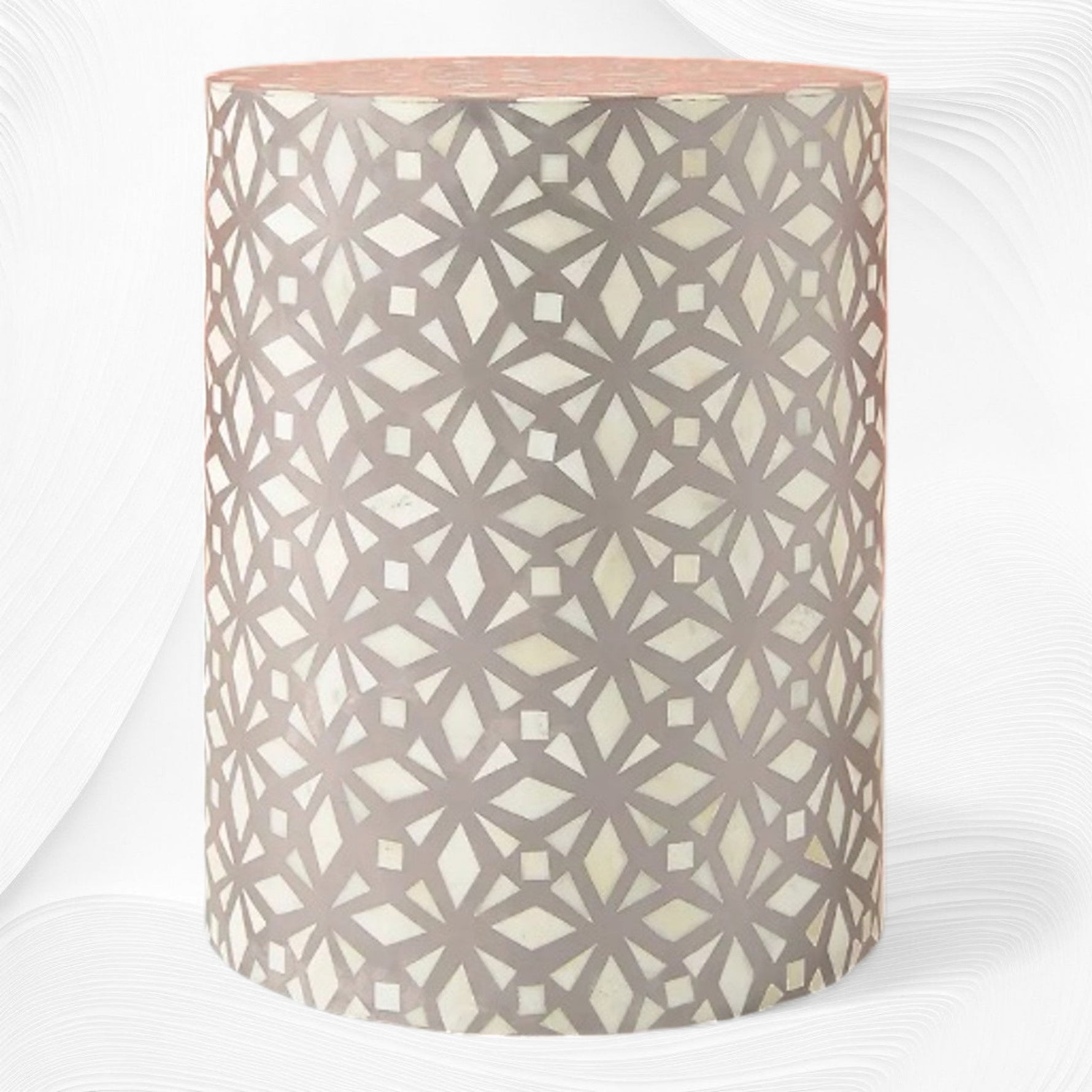 Diamond bone inlay round end table in mud grey, front view