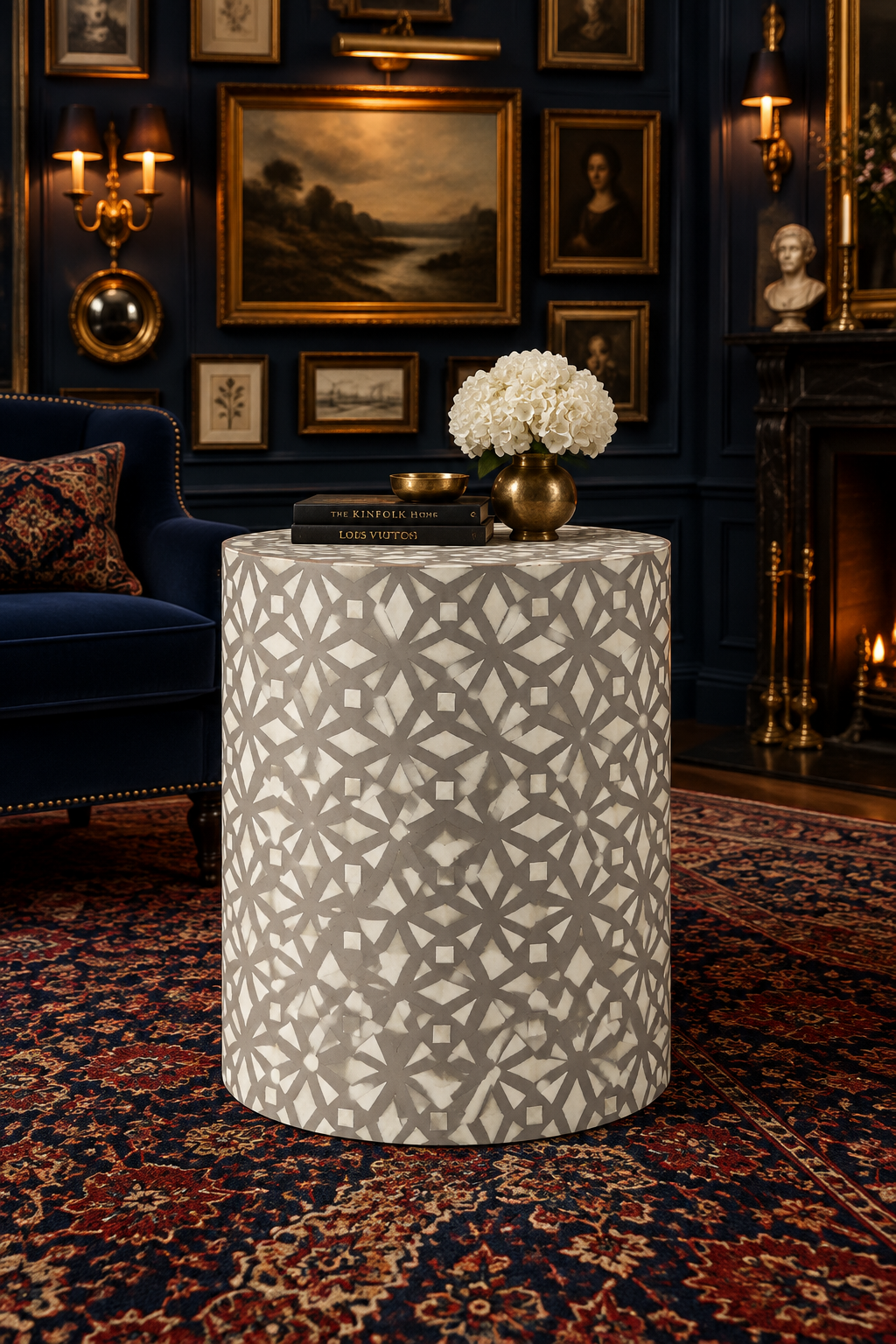 Diamond Bone Inlay Round End Table – Mud Grey