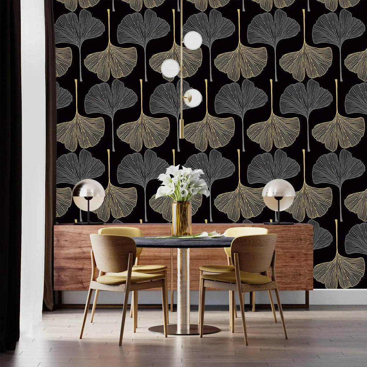Dining nook with Golden Gingko Grove Wallpaper, dark table and tan chairs