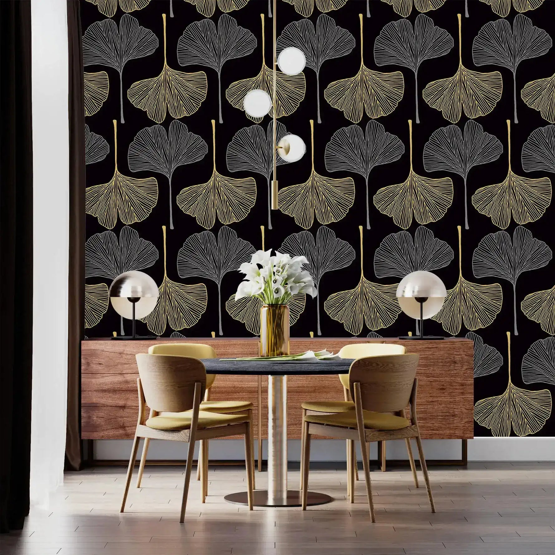 Dining nook with Golden Gingko Grove Wallpaper, dark table and tan chairs