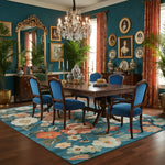 Dining room with blue walls, floral rug, and ornate furniture.