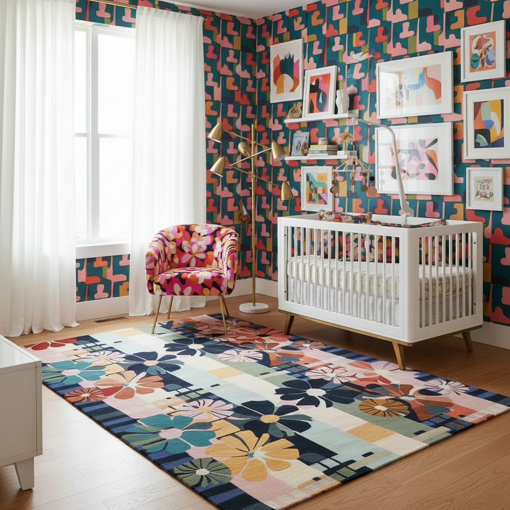 Nursery room with colorful geometric wallpaper, floral rug, and baby crib.