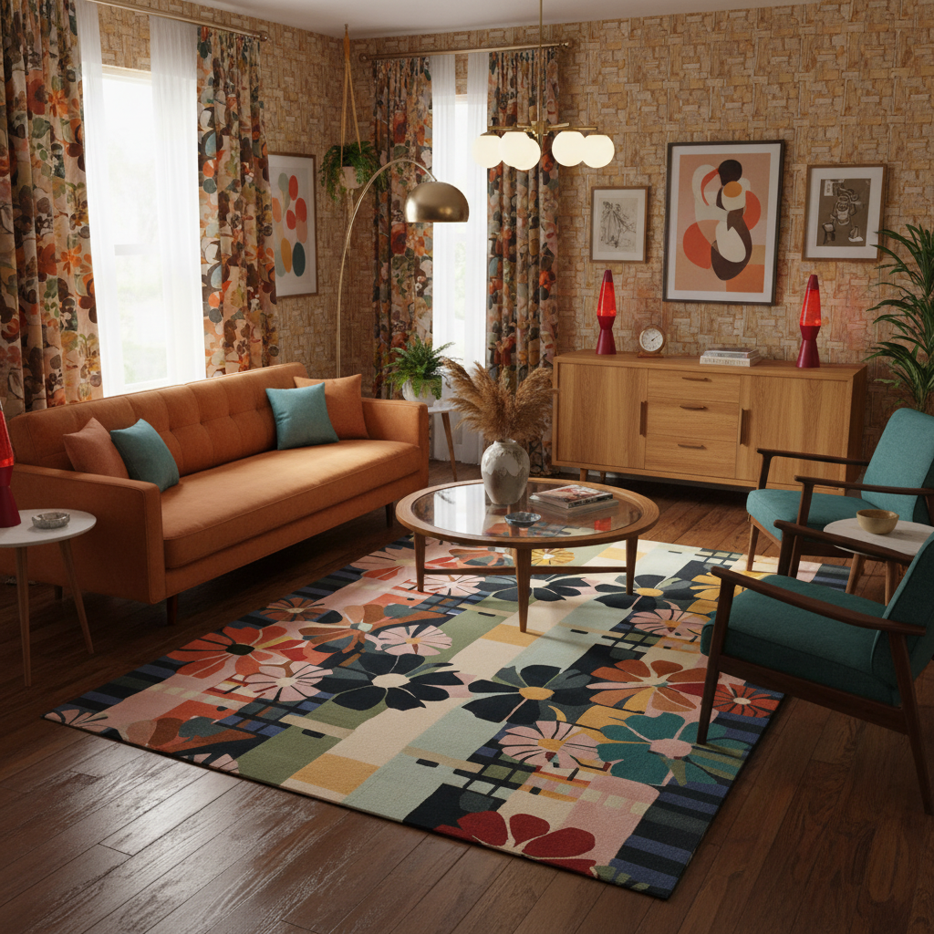 Cozy living room with a floral rug, orange sofa, and decorative wall art.