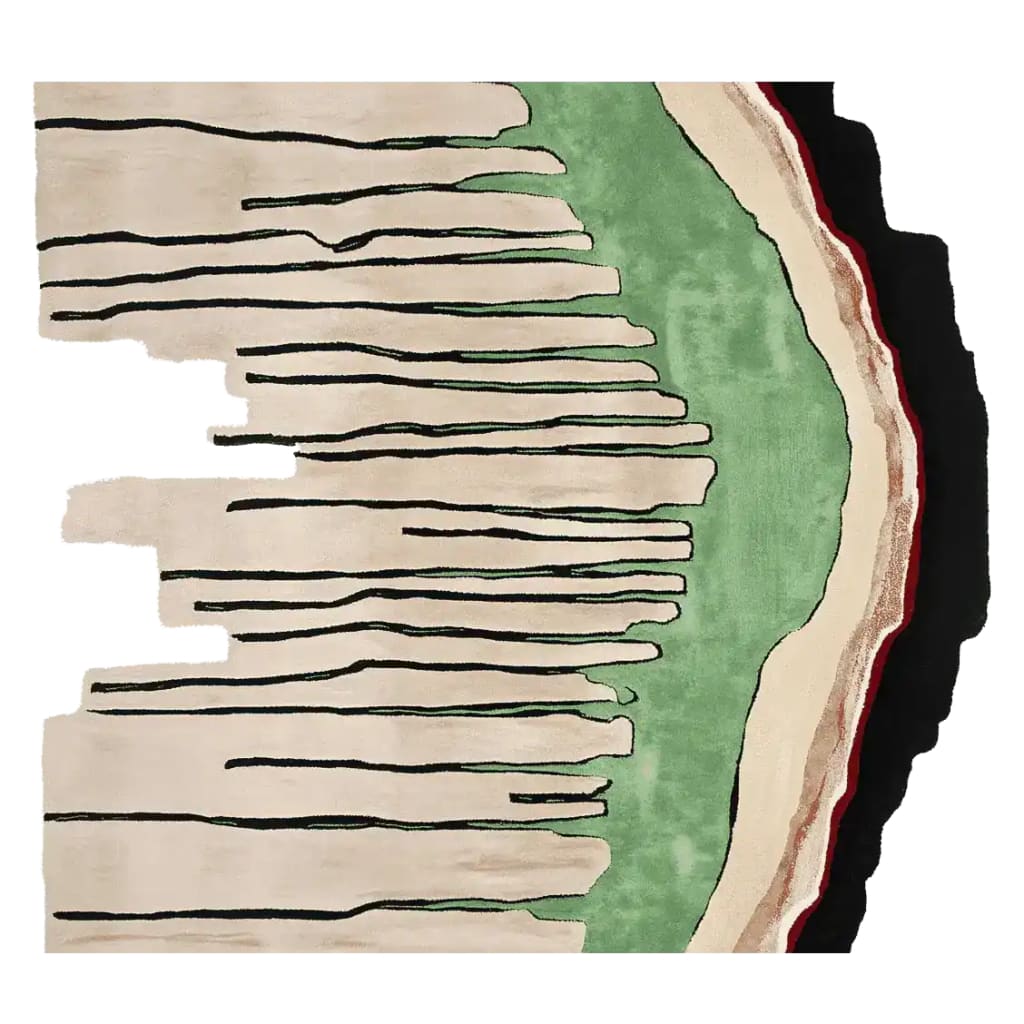 A contemporary hand tufted wool area rug featuring an abstract design with green, beige, and black stripes, ideal for living room spaces. This square area rug showcases a modern artistic pattern that adds a stylish touch to any decor.
