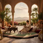 Woman reading a book on a patio with an abstract wool rug, scenic views and decorative elements.
