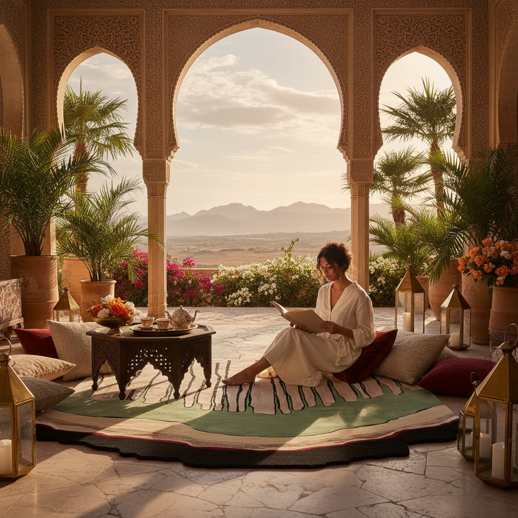 Woman reading a book on a patio with an abstract wool rug, scenic views and decorative elements.