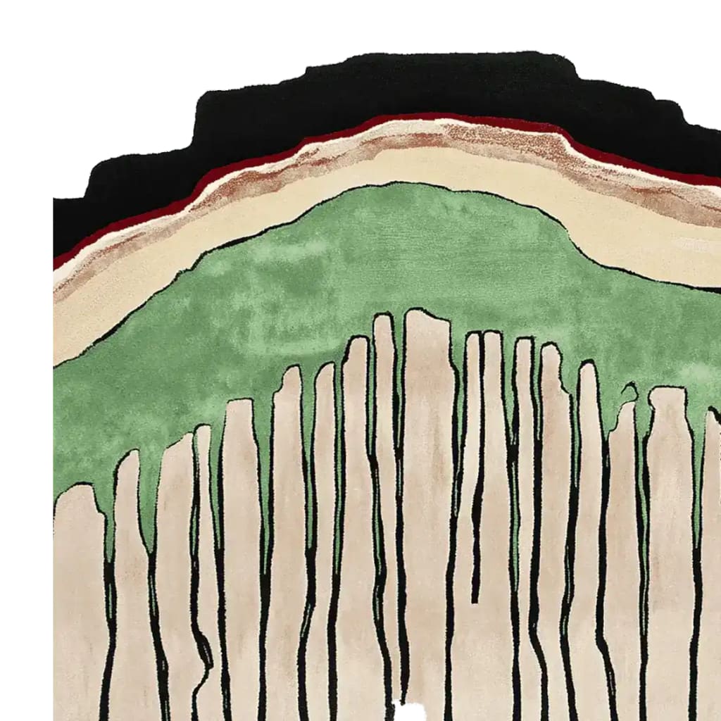 Top view of a contemporary hand tufted area rug featuring an abstract design with green, beige, and black colors. Ideal for adding a modern touch to living room spaces, this square area rug is crafted from wool, offering both style and comfort.