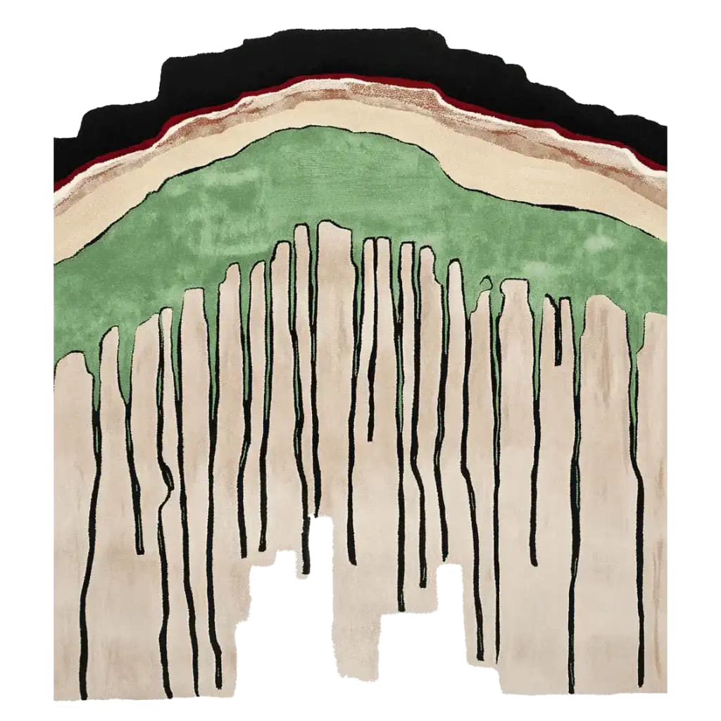 A contemporary hand-tufted area rug with an abstract design featuring green, beige, and black colors. This square wool rug is perfect for adding a modern touch to any living room. The artistic pattern creates a striking focal point, making it an ideal choice for those looking to enhance their space with a stylish and unique area rug.