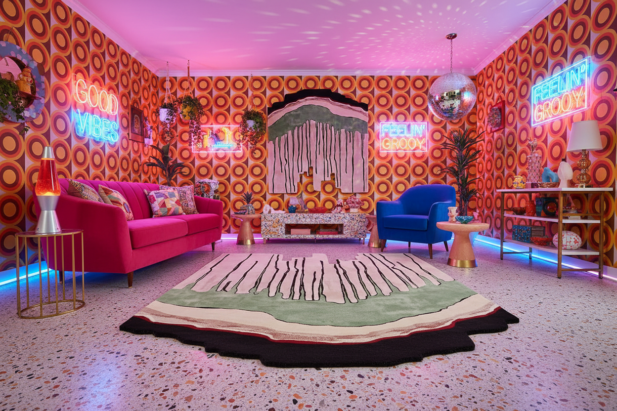 Colorful living room with an abstract wool rug, patterned walls, pink sofa, and neon signs.