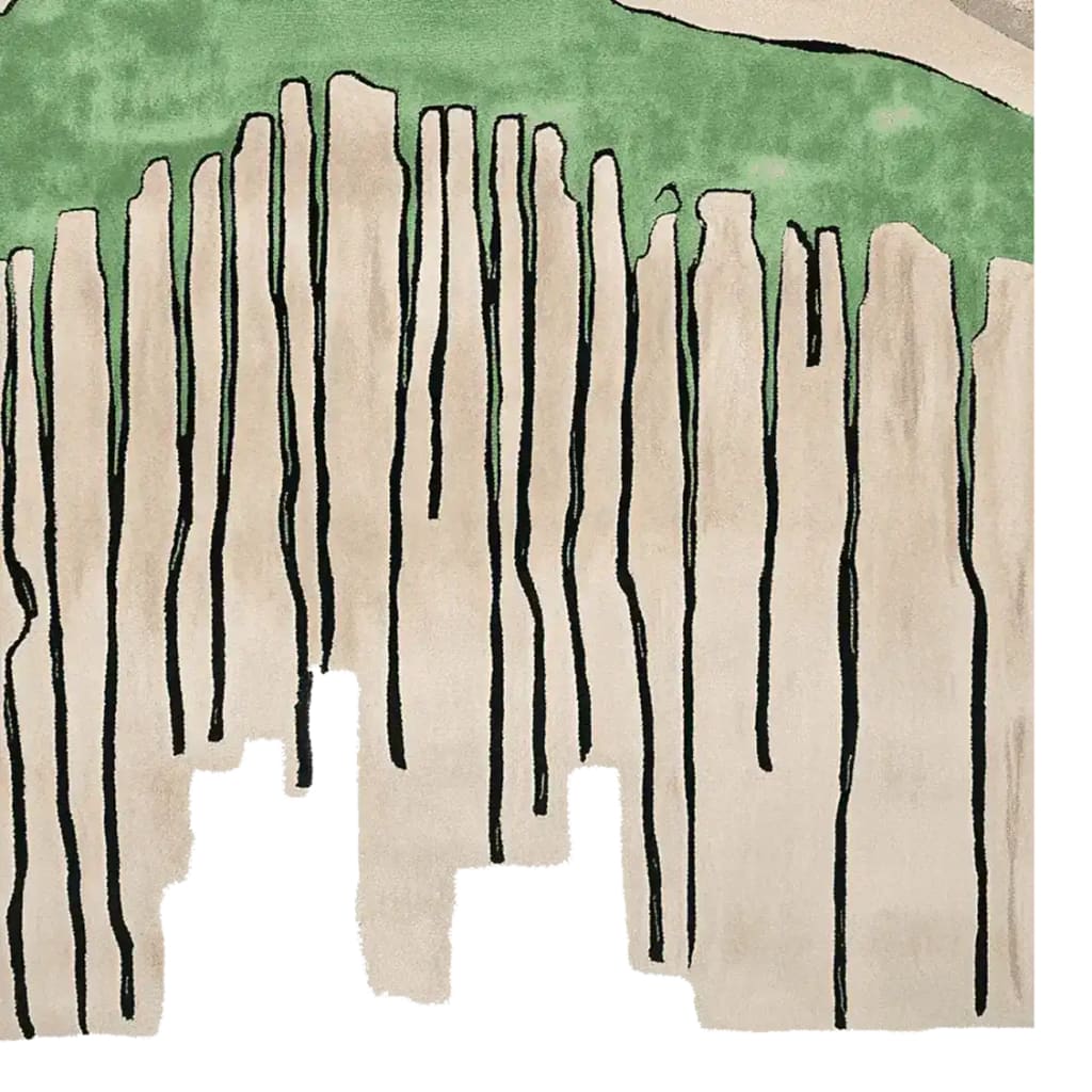 Contemporary hand-tufted square area rug featuring an abstract design with bold black lines and a soothing green section, perfect for modern living room decor. This wool rug offers a unique artistic touch to any space.