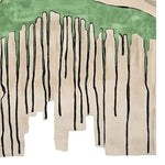 Contemporary hand-tufted square area rug featuring an abstract design with bold black lines and a soothing green section, perfect for modern living room decor. This wool rug offers a unique artistic touch to any space.