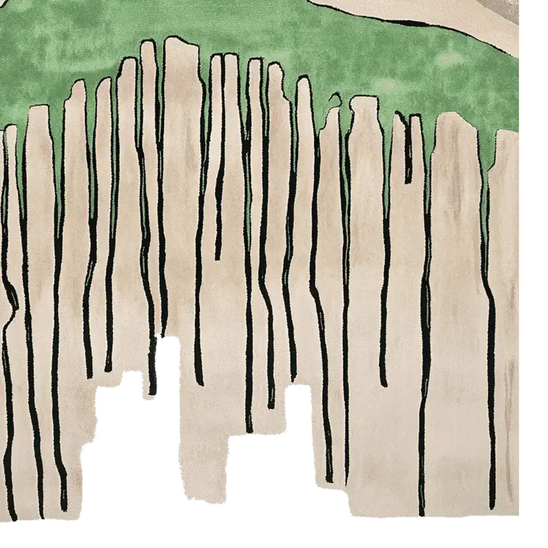 Contemporary hand-tufted square area rug featuring an abstract design with bold black lines and a soothing green section, perfect for modern living room decor. This wool rug offers a unique artistic touch to any space.