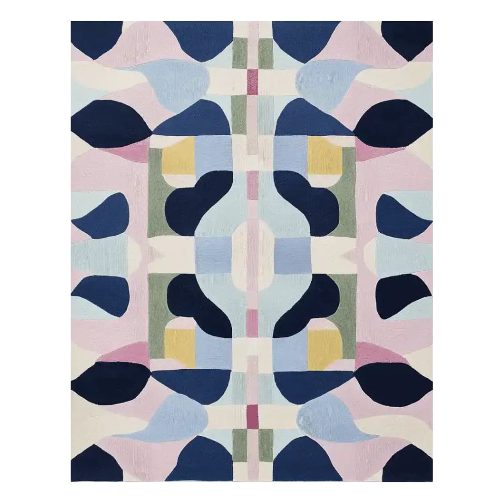 The Distort Grid Hand Tufted Rug features a vibrant, abstract design with bold geometric patterns in blues, pinks, and yellows. This contemporary area rug, made from high-quality wool, is ideal for large living rooms, adding a modern artistic flair to any space.