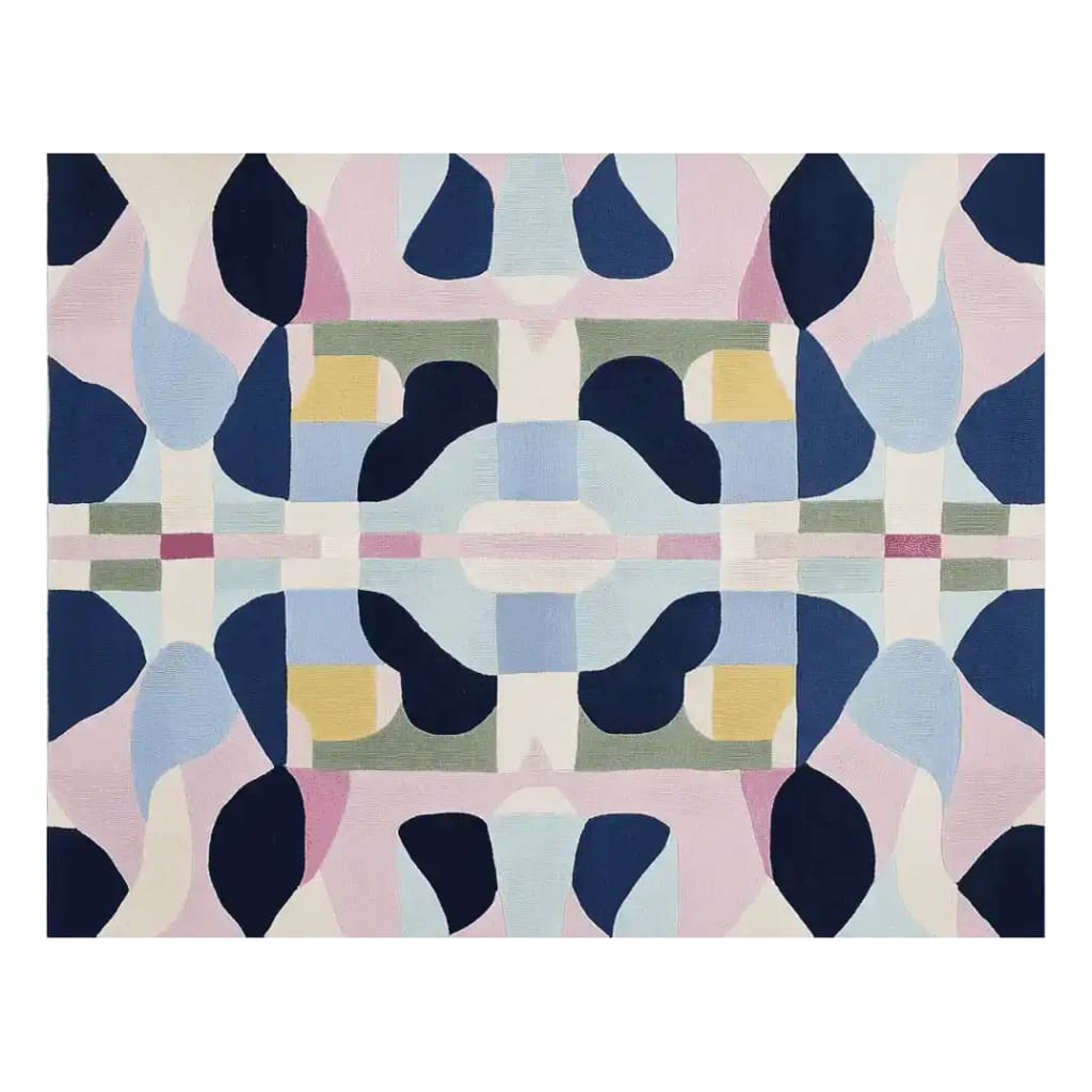 This image showcases a vibrant and contemporary Distort Grid Hand Tufted Area Rug, designed with an abstract pattern in shades of blue, pink, and yellow. Perfect for large living room spaces, this wool rug adds a modern touch to any decor, making it an ideal choice for those seeking stylish living room area rugs.