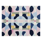 This image showcases a vibrant and contemporary Distort Grid Hand Tufted Area Rug, designed with an abstract pattern in shades of blue, pink, and yellow. Perfect for large living room spaces, this wool rug adds a modern touch to any decor, making it an ideal choice for those seeking stylish living room area rugs.