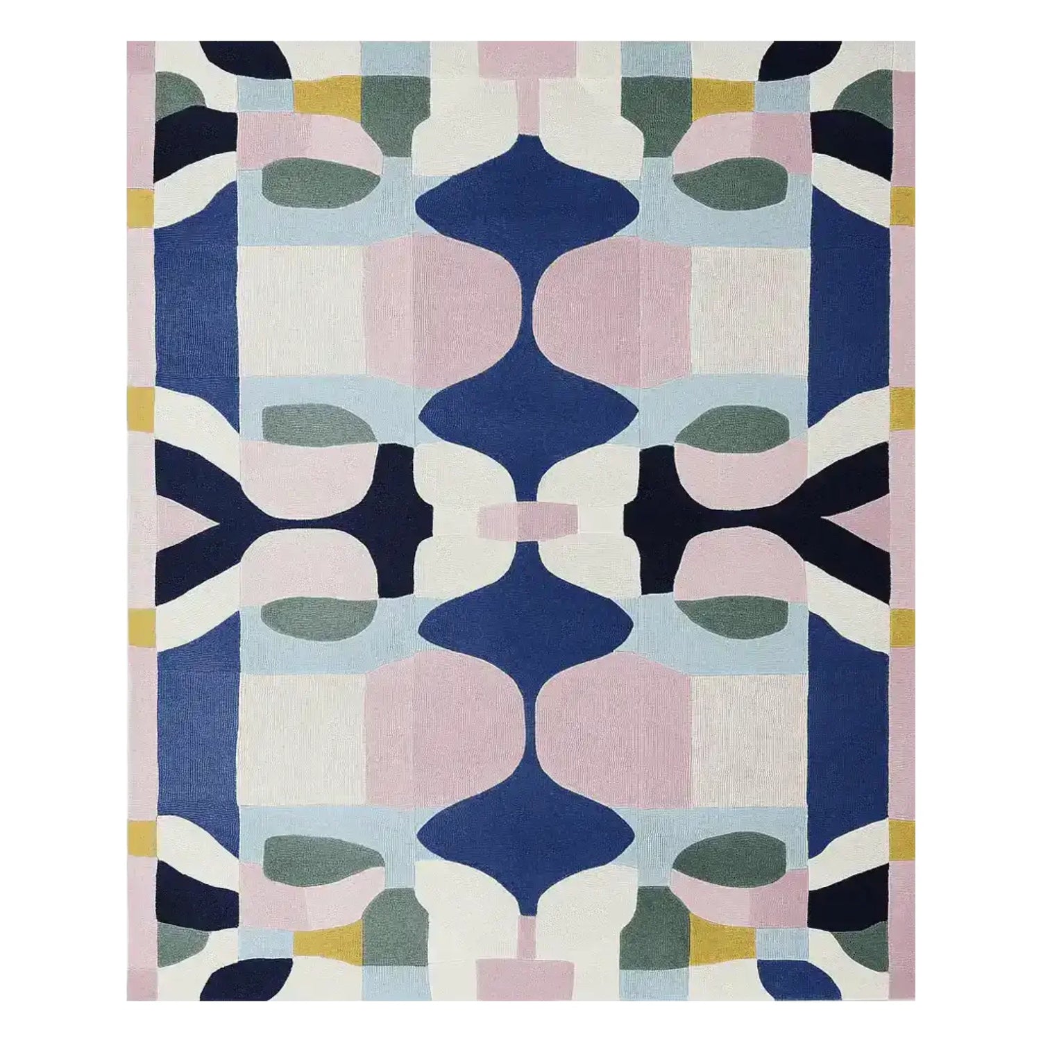 Top view of the Dizzy Geometry Rave Hand Tufted Rug featuring an abstract design in blue, pink, and green shades. This contemporary wool rug is perfect for adding a stylish touch to living room area rugs.