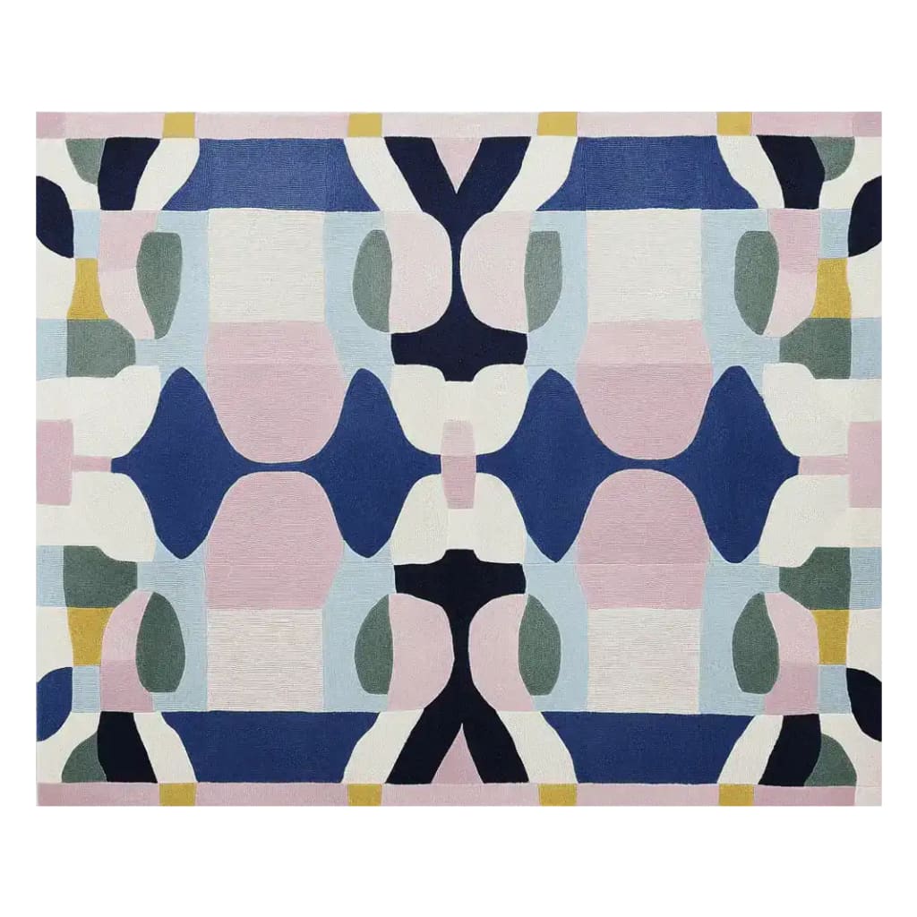 A vibrant and contemporary area rug featuring a hand-tufted design with abstract geometric patterns in pink, blue, and green hues. Perfect for adding a modern touch to living room spaces, this wool rug showcases a unique blend of colors and shapes, making it an eye-catching addition to any home decor.