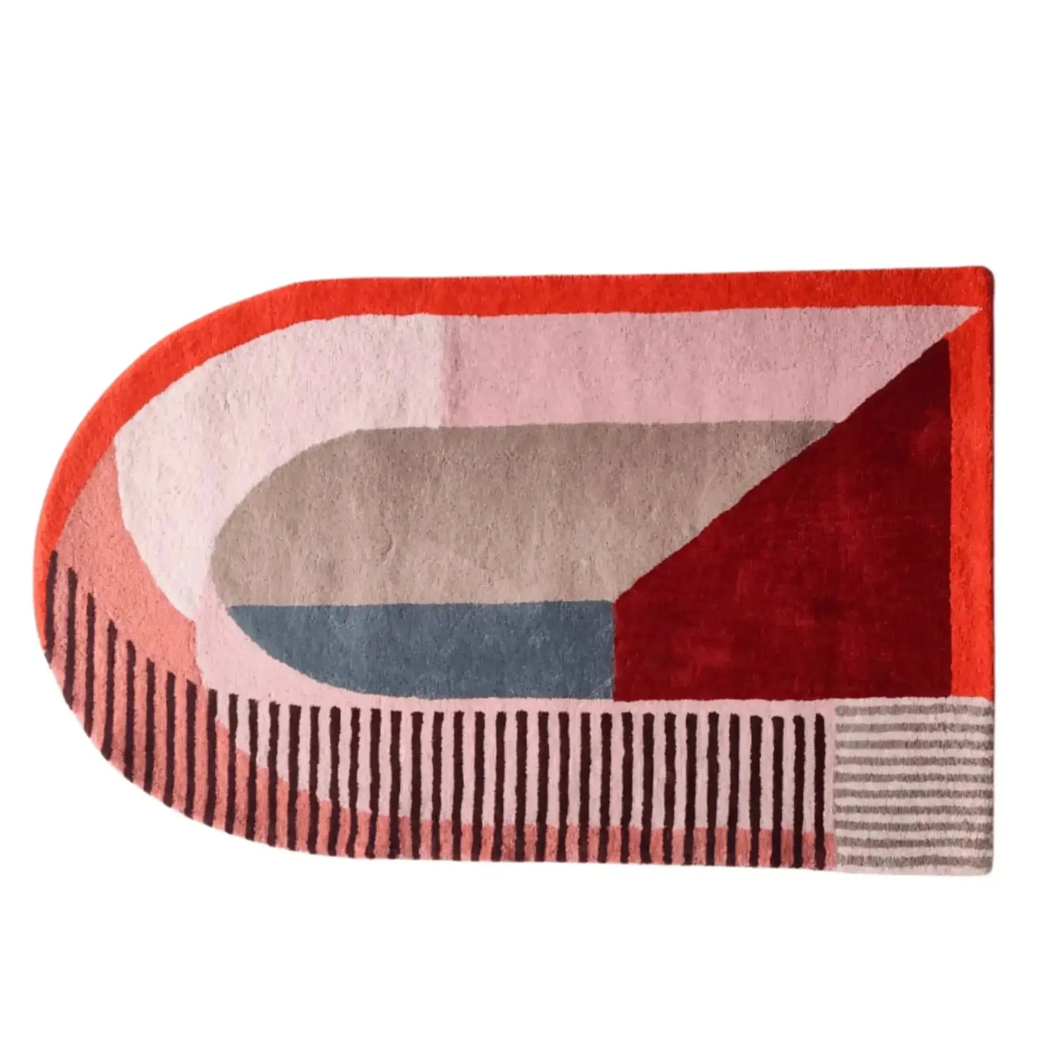 Door-shaped retro geometry rug in coral, blush, grey, blue and rust with a striped band