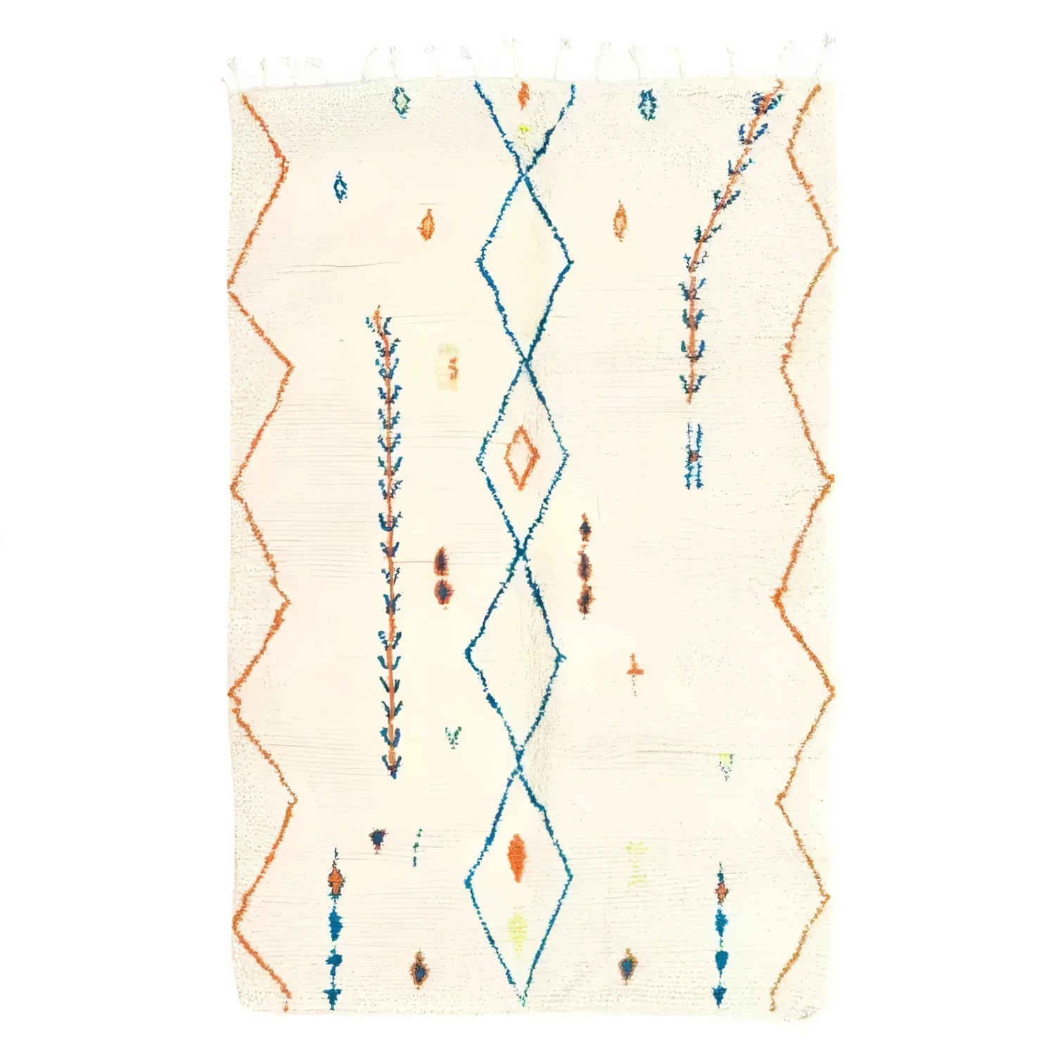 This image showcases a handwoven wool area rug, ideal as a runner rug for kitchens, hallways, or bathrooms. The rug features a boho design with geometric patterns in vibrant orange and blue on a cream background, adding a stylish touch to any space.
